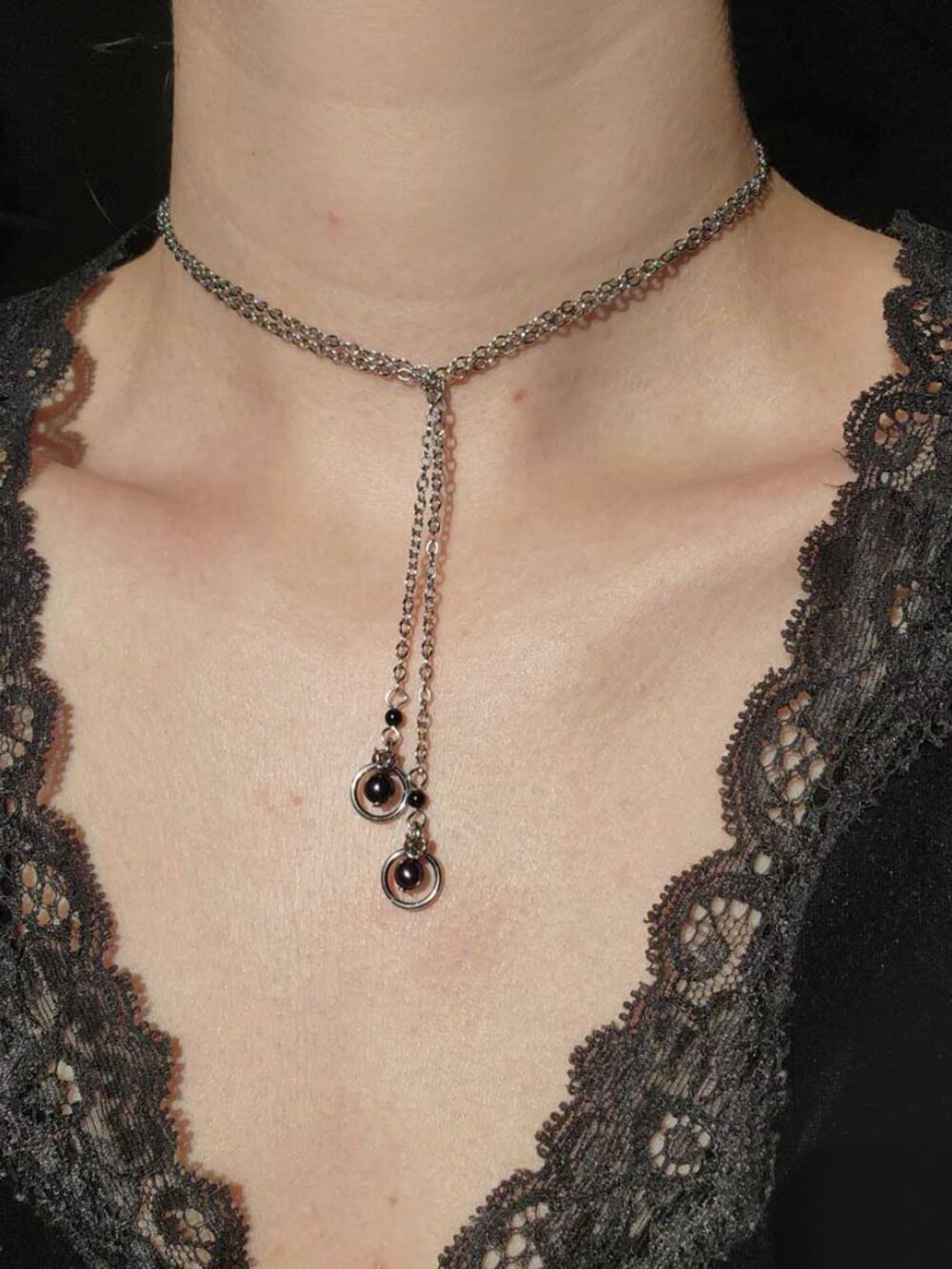 Gothic silver and black double rosary fold necklace with a small silver chain